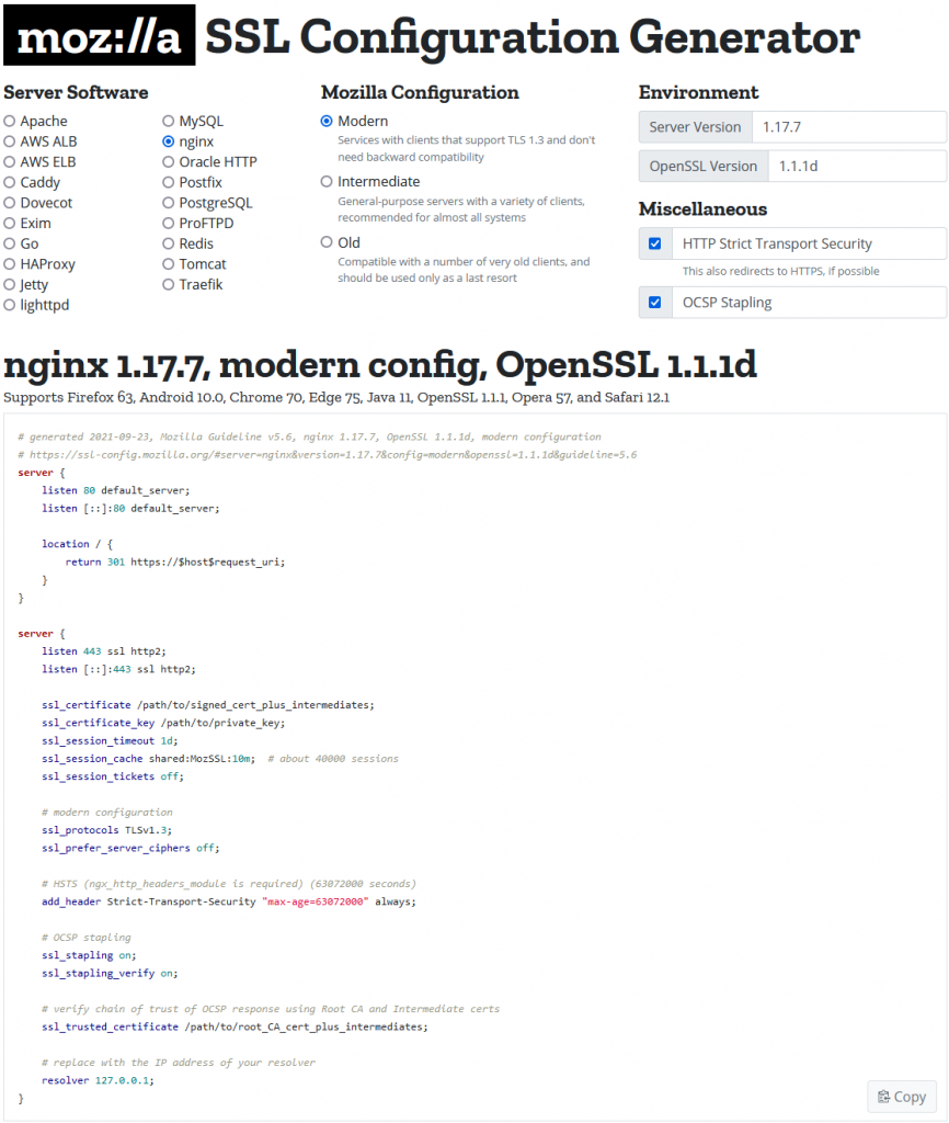 SSL Configuration Generator: "Modern" configuration
