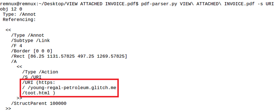 Result of searching for URI with pdf-parser.py in “View Attached Invoice.pdf”