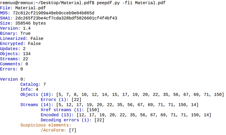 Result of peepdf.py for “Material.pdf”