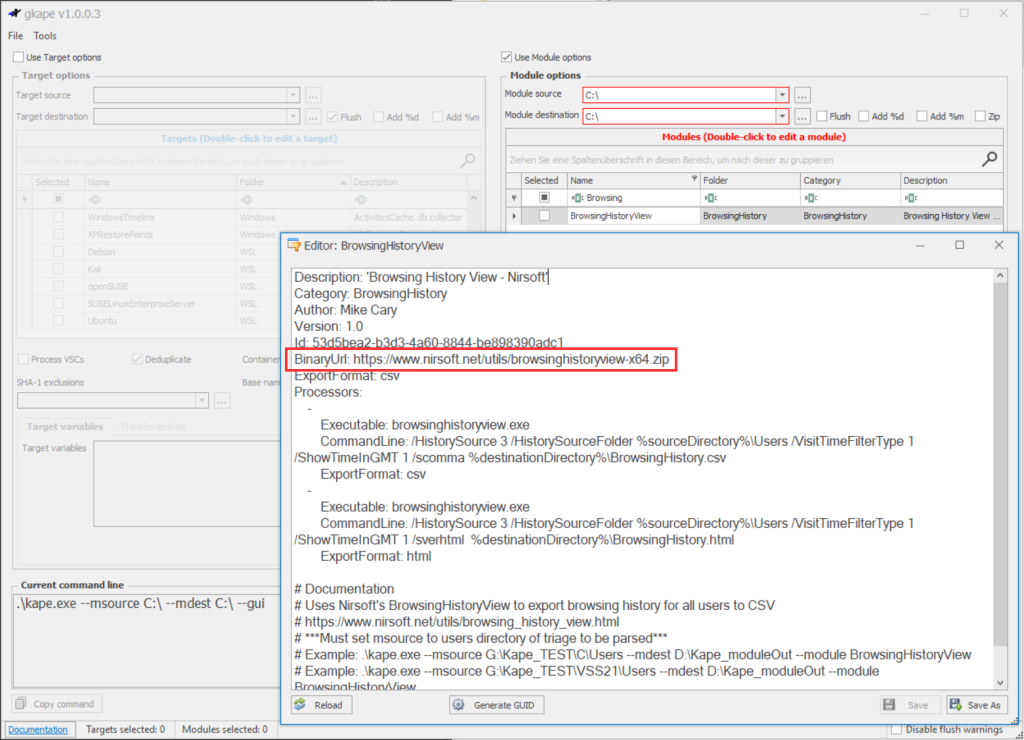 In der grafischen Oberfläche lässt sich das BrowsingHistoryView-Modul mit einem Doppelklick einsehen. Für die Modulausführung benötigte Dateien können unter der BinaryUrl-Adresse heruntergeladen werden (Abb. 1).