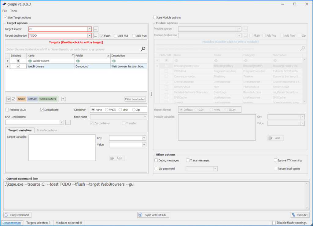 Beispielkonfiguration für das Sammeln der forensisch relevanten Webbrowserdateien (Abb. 2)