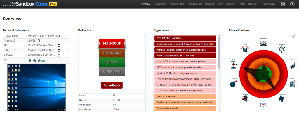 Analysis with JoeSandbox - cotización_1782902.exe Identified as "FormBook