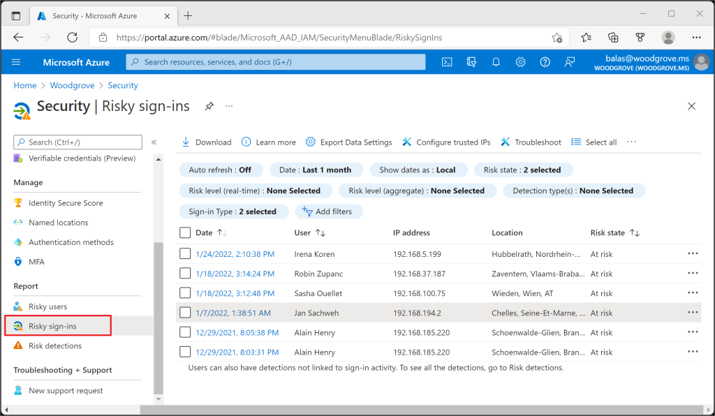 Risky Sign-Ins in the Azure Portal