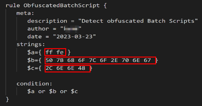 Example YARA rule for detection of obfuscated batch files