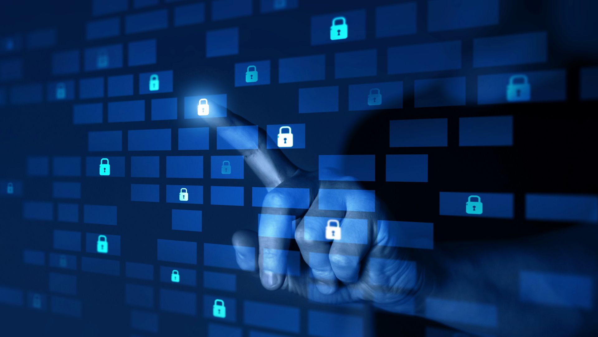 Eine blaue Illustration mit einer Hand die auf eines von vielen Cybersecurity-Schlössern zeigt